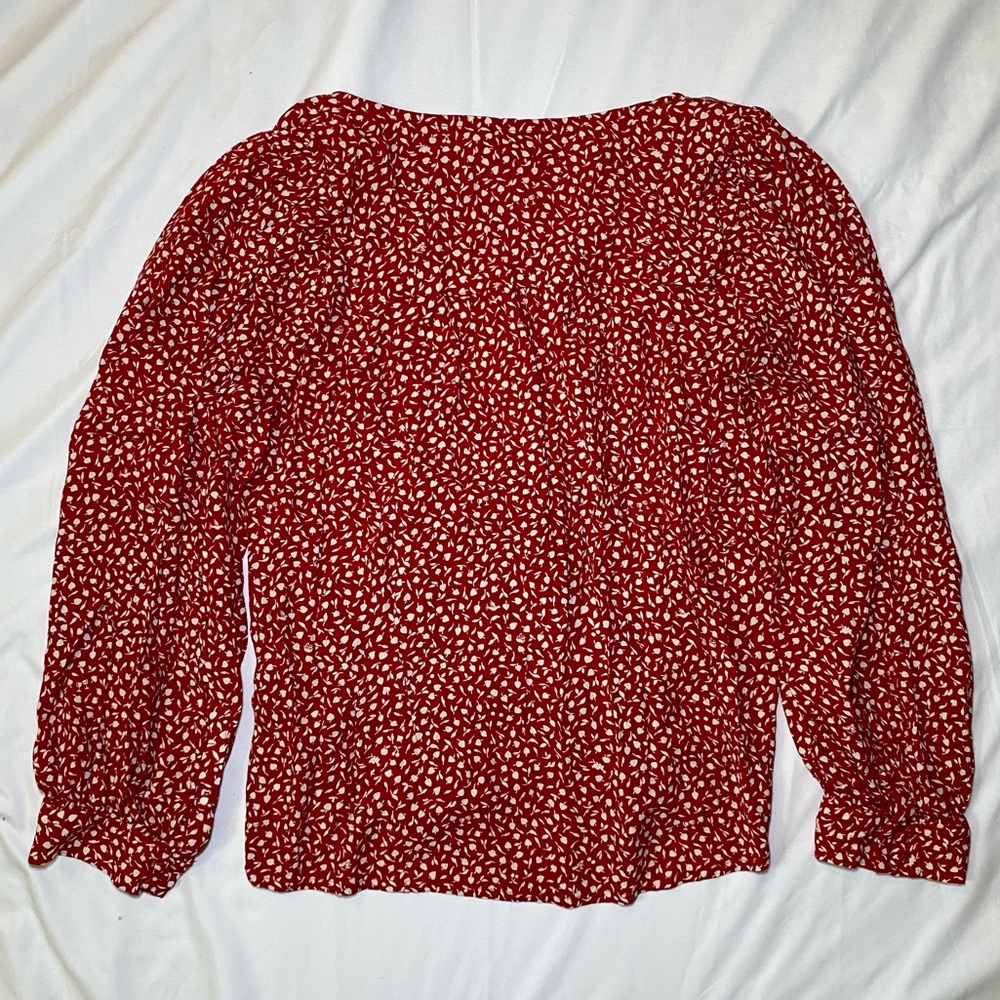 Madewell Red Floral Patterned Women's Long Sleeve Top Blouse, Oversized - Picture 6 of 11